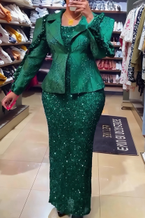 Green Elegant Solid Color Sequins Turn-back Collar Plus Size Dresses