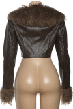 Brown Casual Solid Color Fringed Trim V Neck Outerwear