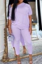 Light Purple Casual Solid Color Patchwork O Neck Half Sleeve Two Pieces