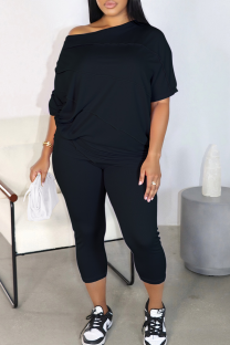 Black Casual Solid Color Patchwork O Neck Half Sleeve Two Pieces