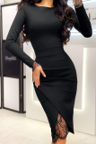 Black Sexy Solid Color Lace O Neck Wrapped Skirt Dresses