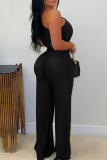 Coffee Casual Solid Color Patchwork Oblique Collar Regular Jumpsuits