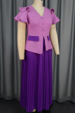 Purple Elegant Solid Color Pleated Contrast V Neck Long Dresses