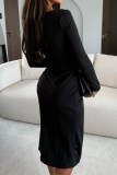 Coffee Sexy Solid Color Slit O Neck Wrapped Skirt Dresses