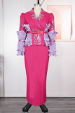 Rose Red Elegant Leaves With Belt Turndown Collar Plus Size Dresses