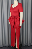 Red Elegant Solid Color High Slit Bow Decor Asymmetrical Collar Evening Dresses