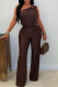 Coffee Casual Solid Color Patchwork Oblique Collar Regular Jumpsuits