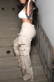 Khaki Casual Solid Color Ripped Pocket Mid Waist Loose Denim Jeans