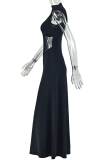 Black Elegant Solid Color See-Through O Neck Long Dresses