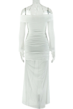 White Sexy Solid Color Hollow Out Halter Long Dresses