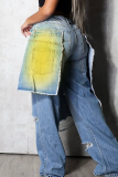 Blue Yellow Casual Ripped Mid Waist Loose Denim Jeans