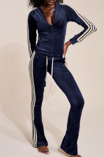 Blue Casual Stripe Contrast Zipper Collar Long Sleeve Two Pieces