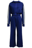 Deep Blue Casual Stripe Contrast Zipper Collar Long Sleeve Two Pieces