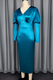 Peacock Blue Elegant Solid Color Ruched V Neck Evening Dresses
