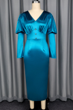 Peacock Blue Elegant Solid Color Ruched V Neck Evening Dresses