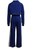 Deep Blue Casual Stripe Contrast Zipper Collar Long Sleeve Two Pieces