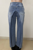 Light Blue Casual Solid Color Patchwork Mid Waist Loose Denim Jeans
