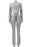 Blue Casual Stripe Contrast Zipper Collar Long Sleeve Two Pieces