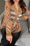 Light Brown Casual Plaid Buckle V Neck Outerwear