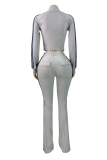 Blue Casual Stripe Contrast Zipper Collar Long Sleeve Two Pieces