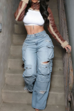 Khaki Casual Solid Color Ripped Pocket Mid Waist Loose Denim Jeans