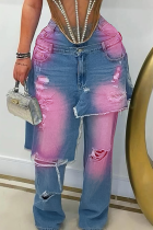 Blue Red Casual Ripped Mid Waist Loose Denim Jeans