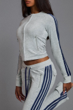 Blue Casual Stripe Contrast Zipper Collar Long Sleeve Two Pieces