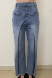 Light Blue Casual Solid Color Patchwork Mid Waist Loose Denim Jeans