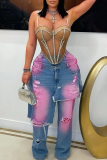 Blue Yellow Casual Ripped Mid Waist Loose Denim Jeans