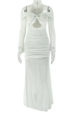 White Sexy Solid Color Hollow Out Halter Long Dresses