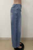 Light Blue Casual Solid Color Patchwork Mid Waist Loose Denim Jeans
