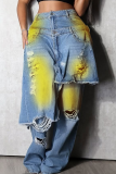 Blue Yellow Casual Ripped Mid Waist Loose Denim Jeans