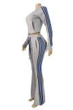 Blue Casual Stripe Contrast Zipper Collar Long Sleeve Two Pieces