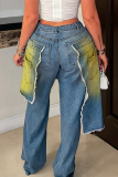 Blue Yellow Casual Ripped Mid Waist Loose Denim Jeans