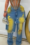 Blue Yellow Casual Ripped Mid Waist Loose Denim Jeans
