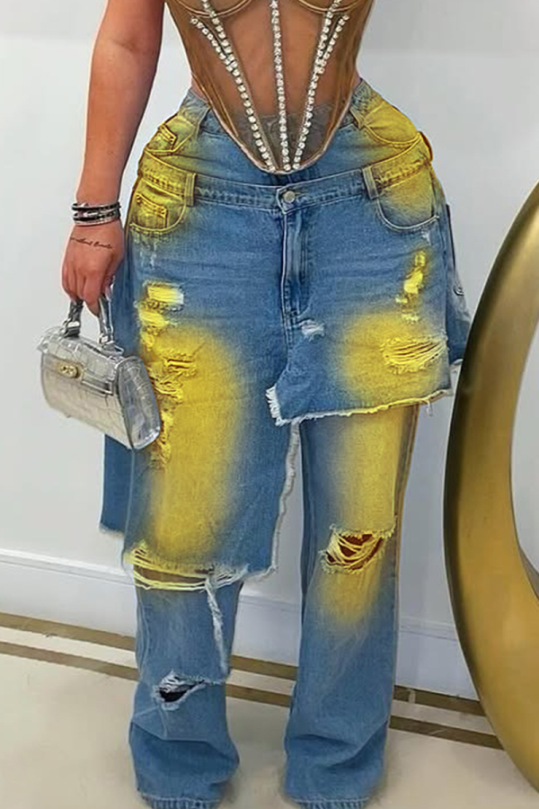 Blue Yellow Casual Ripped Mid Waist Loose Denim Jeans