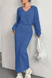 Blue Casual Solid Color Patchwork V Neck Long Sleeve Two Pieces