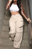 Khaki Casual Solid Color Ripped Pocket Mid Waist Loose Denim Jeans