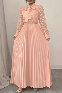 Light Pink Elegant Solid Color Strap Design Pleated O Neck Long Plus Size Dresses