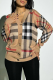 Light Brown Casual Plaid Buckle V Neck Outerwear