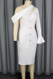 White Elegant Solid Color Hollow Out Oblique Collar Wrapped Skirt Dresses