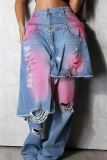 Blue Yellow Casual Ripped Mid Waist Loose Denim Jeans