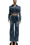 Light Blue Casual Solid Color Buckle Turndown Collar Long Sleeve Two Pieces