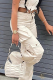 Khaki Casual Solid Color Ripped Pocket Mid Waist Loose Denim Jeans