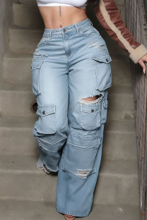 Blue Casual Solid Color Ripped Pocket Mid Waist Loose Denim Jeans