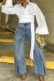 Light Blue Casual Solid Color Patchwork Mid Waist Loose Denim Jeans