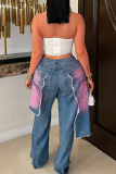 Blue Yellow Casual Ripped Mid Waist Loose Denim Jeans
