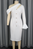 White Elegant Solid Color Hollow Out Oblique Collar Wrapped Skirt Dresses