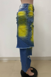 Blue Yellow Casual Ripped Mid Waist Loose Denim Jeans
