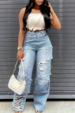 Khaki Casual Solid Color Ripped Pocket Mid Waist Loose Denim Jeans